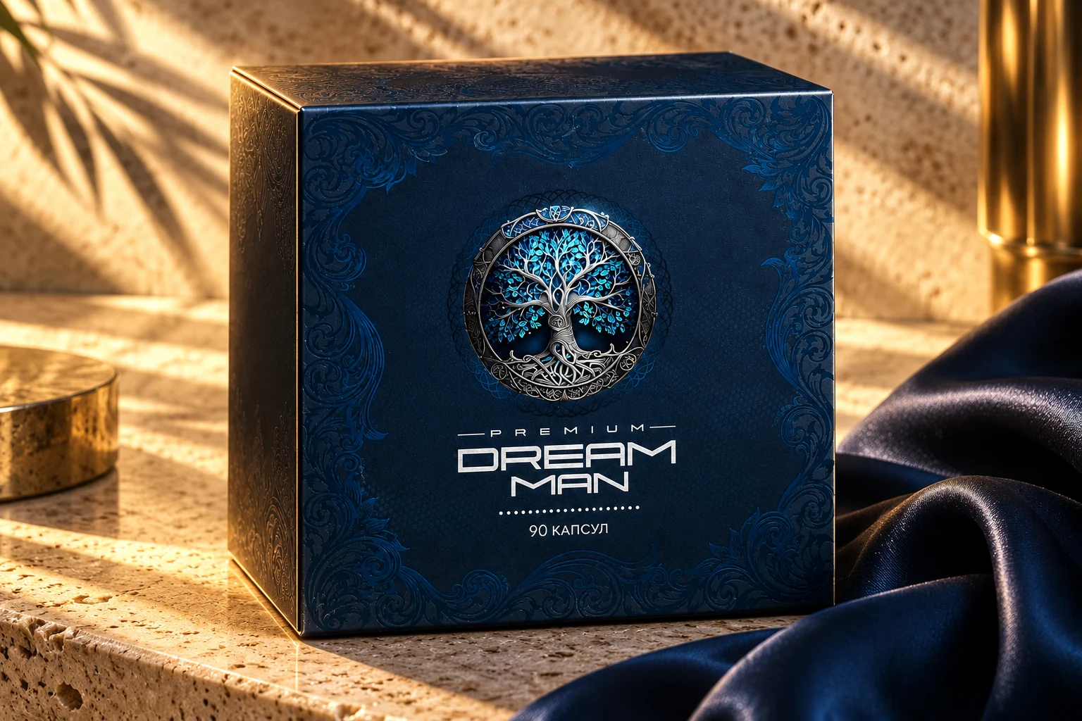 Dream Man Premium qutisi — yorug' tosh fonida mahsulot tafsilotlari